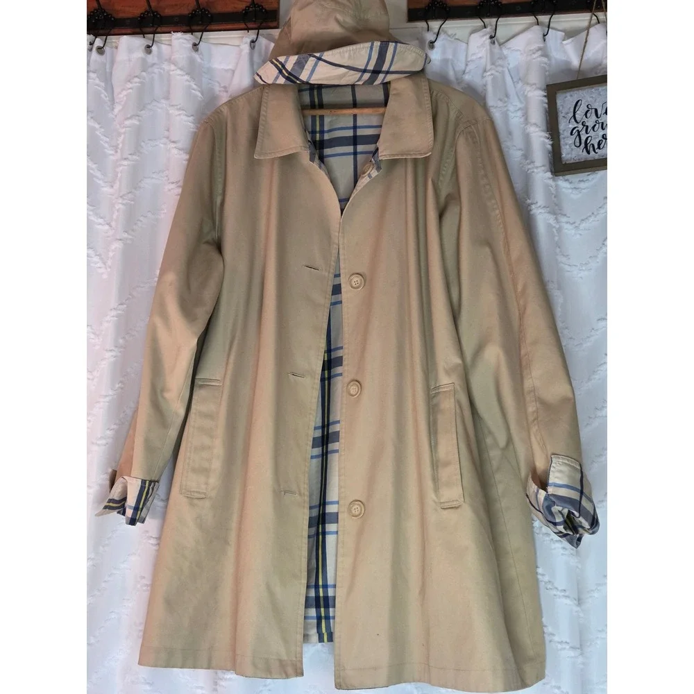 Brylane Woman Weather Solutions Beige Plaid Reversible Trench Coat Size 24W Hat - Picture 2 of 9